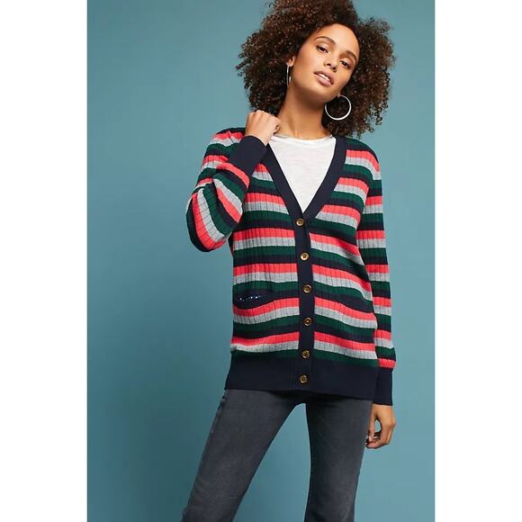 ANTHROPOLOGIE | Moth Jamison Striped Cardigan Button Front Polka Dot | XS - Picture 1 of 7